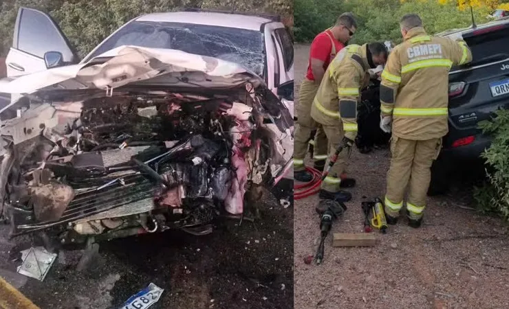 Colisão frontal entre dois carros deixa motoristas gravemente feridos no sul do Piauí.