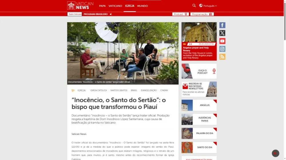 Documentário piauiense sobre Dom Inocêncio ganha destaque no portal oficial do Vaticano.