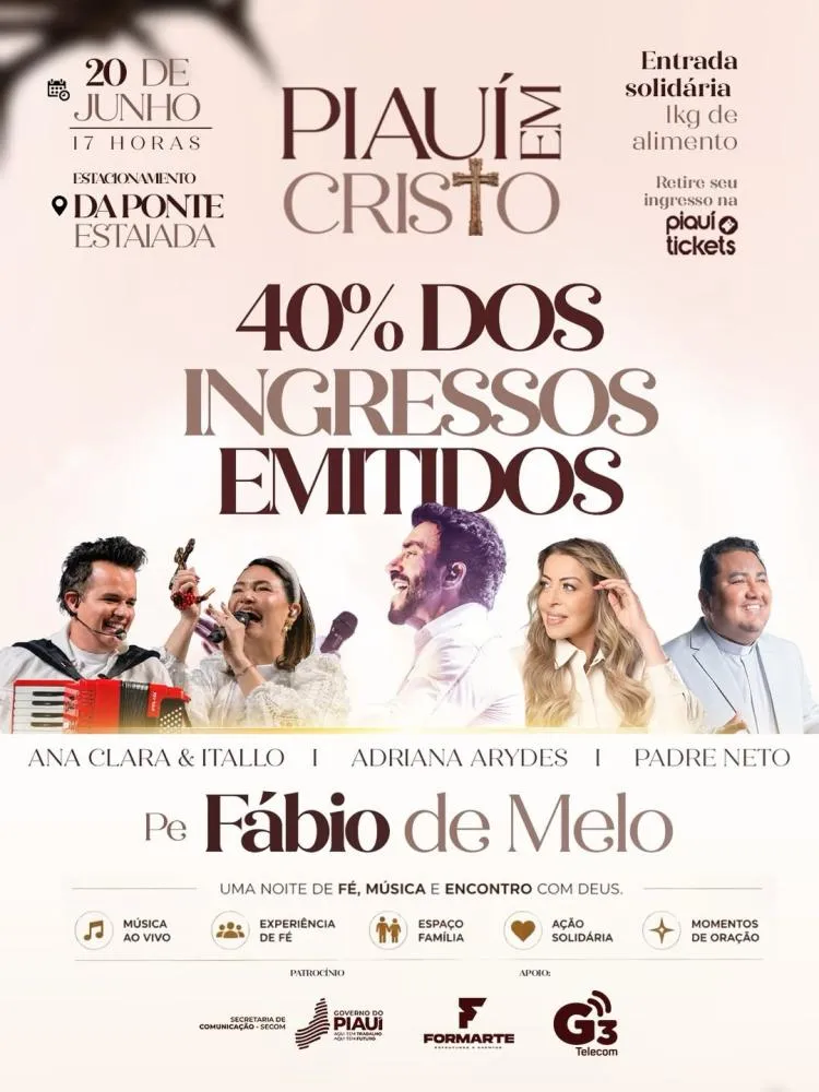 Dia 20/06 Teresina será palco de uma noite de fé, música e esperança com a realização do Festival católico Piauí em Cristo.
